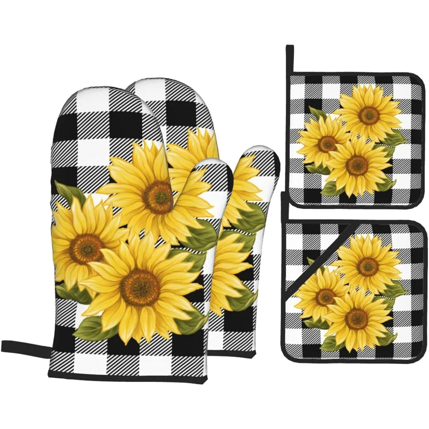 Sunflower Black White Buffalo Plaid Oven Mitts and Pot Holders Sets of 4 Yellow Floral Oven Mitts with Oven Gloves and Hot Pads
