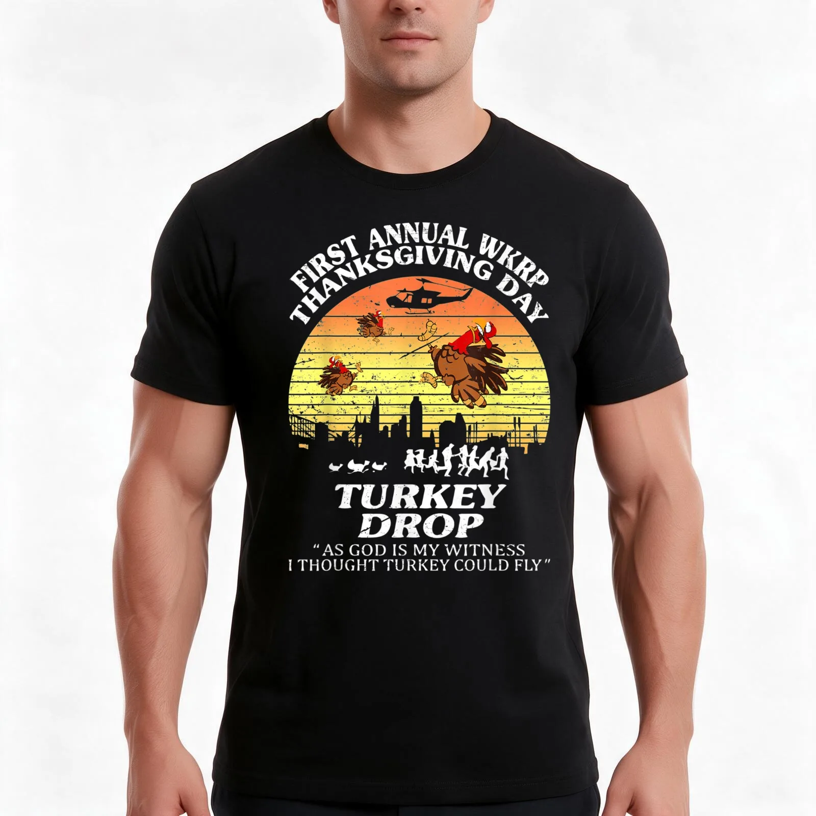 Wkrp-Turkey-Drop Thanksgiving Gift T-Shirt, Summer Casual Cotton Tee, Oversized Streetwear Tops, Vintage Graphic Print