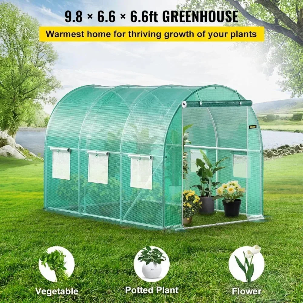 Greenhouse, 9.8 X 6.6 X 6.6 Ft Walk-in Tunnel Plant Hot House W/ 6 Roll-up Windows, Galvanized Steel Hoops, Green House