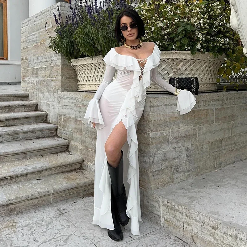 

Talenza White See-through Long Dress Women's Solid Sexy Mesh Ruffled Slit Lace-up Dress Party Club Long Dress Female Outfits