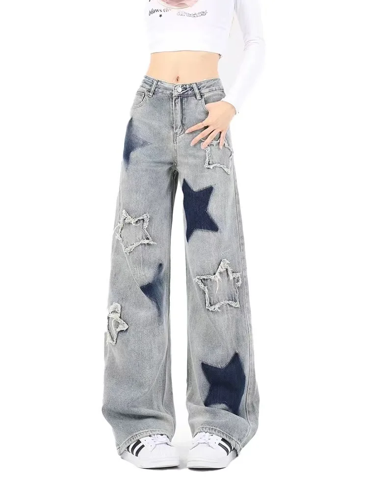 ADAgirl Y2k Vintage Stars Denim Pants Women Hip Hop Streetwear Casual Baggy Korean High Waist Jeans Harajuku Chic Trouser Summer