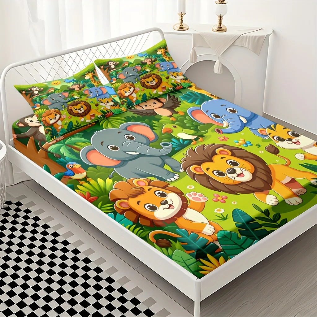 Animal Kingdom Themed Fitted Sheet Set, Mattress Protector, Breathable Polyester Material (Includes 1 Fitted Sheet + 2 Pillowcases), Fitted Elastic Mattress Protector, Protective Cover, Fitted Sheet Style, Mattress Protector, Fitted Bedding, Christmas Themed Bedding, Baby Bedding, Suitable for Nursery