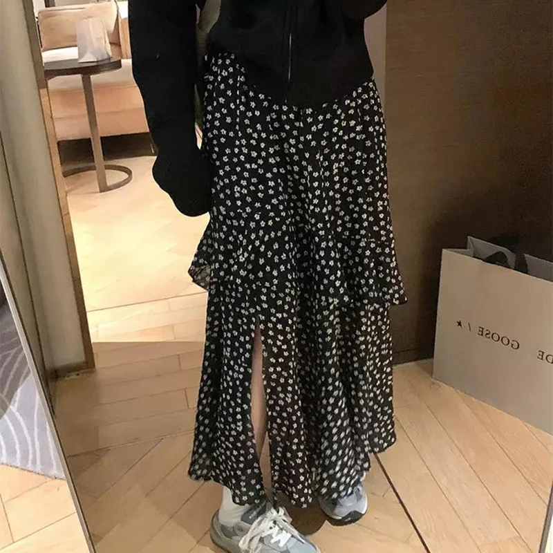 Ruffles Floral Skirt Women Korean Fashion Chic Side Slit Skirt Summer New High Waist All Match Midi A Line Skirt Female Vintage
