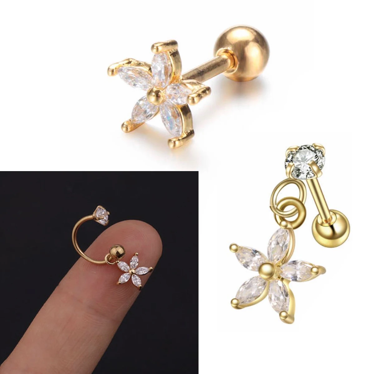 Golden Curved CZ Cartilage Stud Flower Helix Rook Conch Screw Back Earrings 316L Stainless Steel Ear Piercing Jewelry Lip Rings