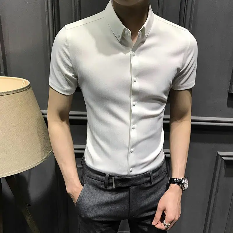 New Spring and Summer Men's Shirt   Short-sleeved Stretch Shirt High End Stripe Leisure Business Slim Fit Non-iron Top