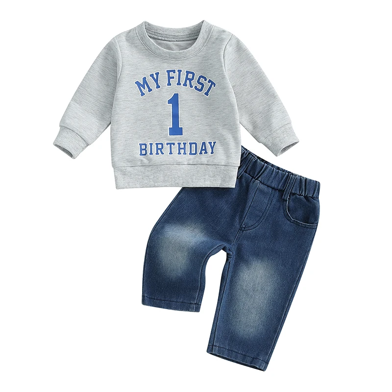 Tenues d'anniversaire pour bébé garçon, sweat-shirt à manches longues, imprimé de lettres, ensemble de pantalons en denim, vêtements pour un an