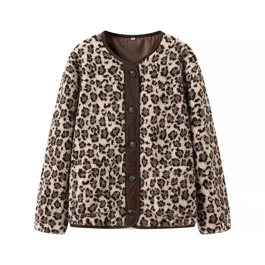 Maxdutti Southern French Retro Leopard Print Women's Jacket Fashionable Round Neck Loose Jacket Woman Clothes Coat For Winter