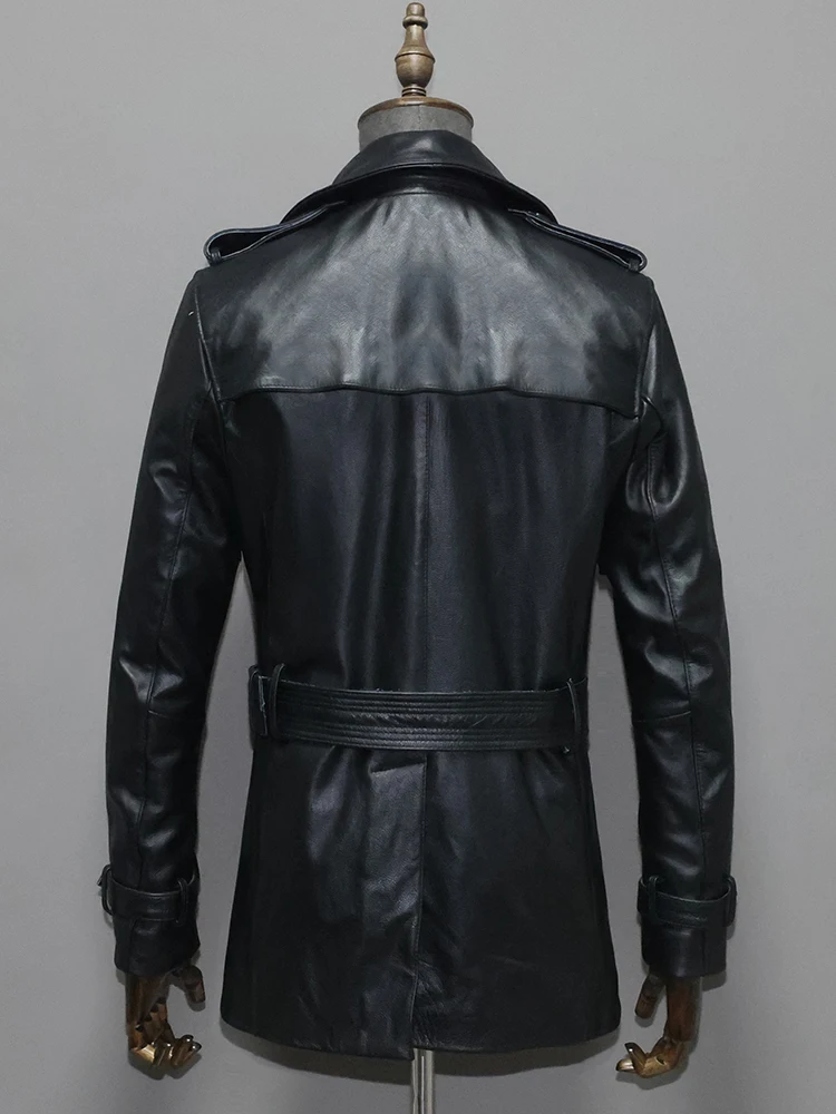 Gabardina de cuero genuino para hombre, chaqueta y abrigo de cuero de vaca, doble botonadura, longitud media, negro, talla grande XXXL, primavera y