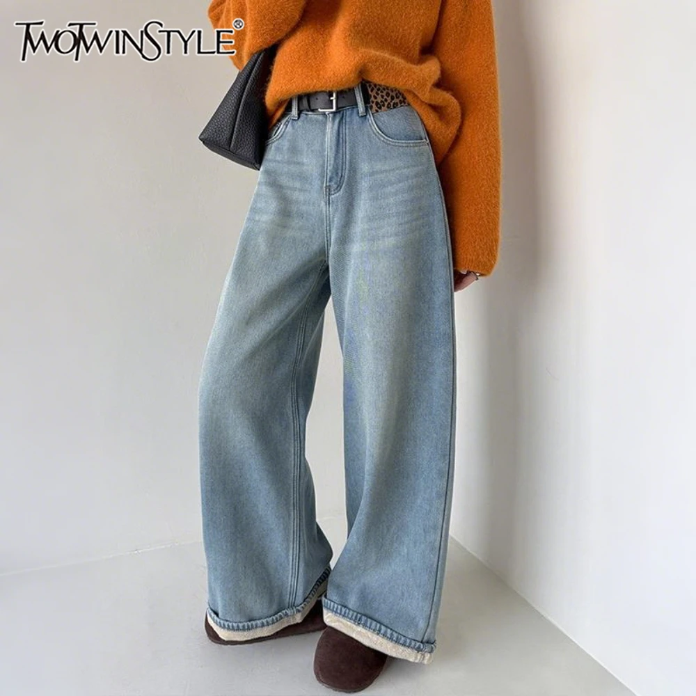 

TWOTWINSTYLE Blue Spliced Pocket Basics Trousers Female High Waist Loose Streetwear Office Women's Straight Pants Autumn Fashion
