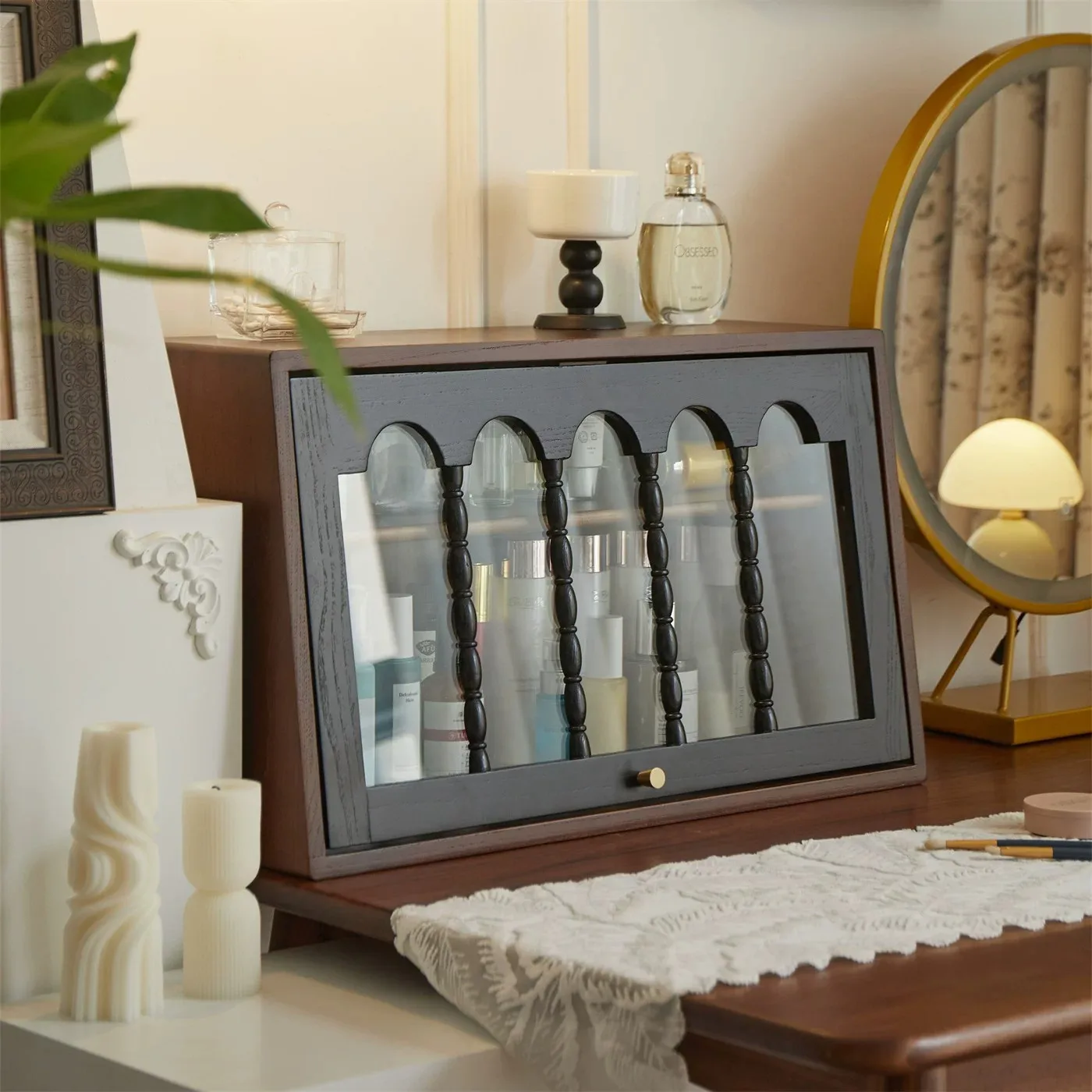 DSA retro solid wood cosmetics storage box desktop storage small cabinet dresser rack