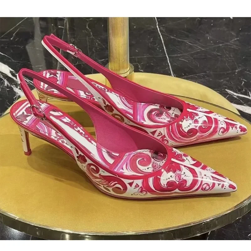 

Red Bohemia 3D Printing Closed Stiletto Sandals Woman Summer 2025 Porcelain Print Pointed Toe Slingback High Heels Shoes 6Cm