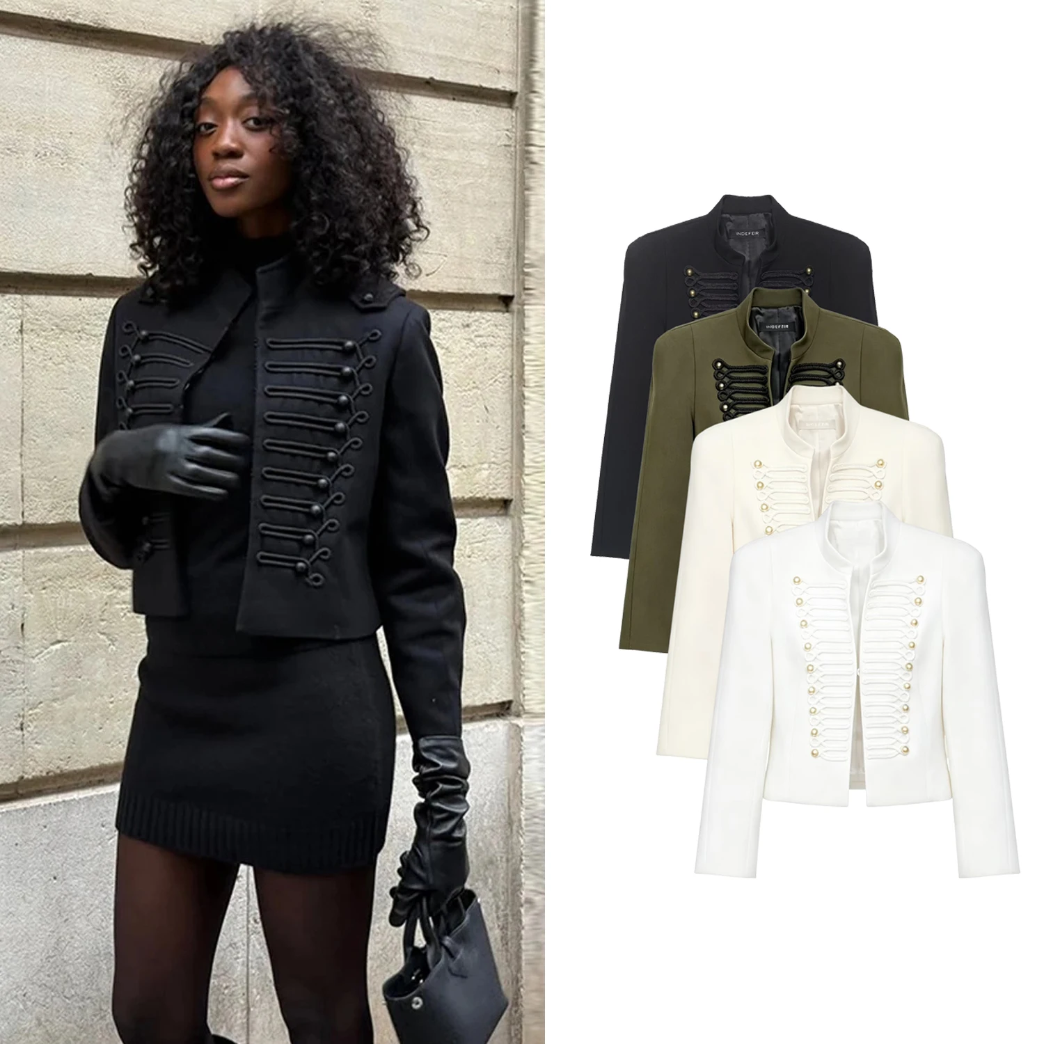 Women's Black Napoleon Style Cropped Jacket Coat Female Long