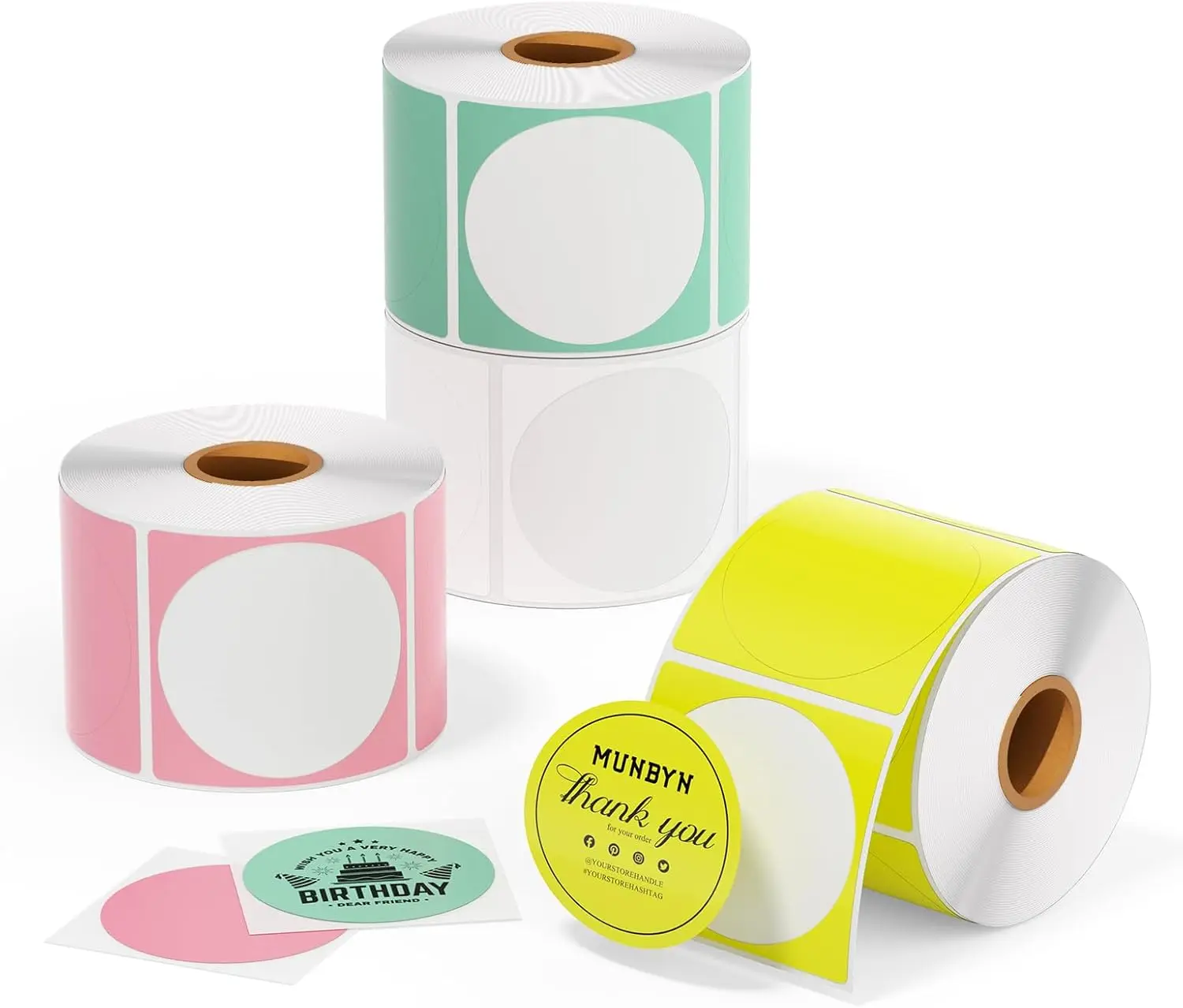 

2 Inch Color Circle Thermal Sticker Label, Self-Adhesive Round Direct Thermal Label for Logo Design, QR Code, White Pink Green