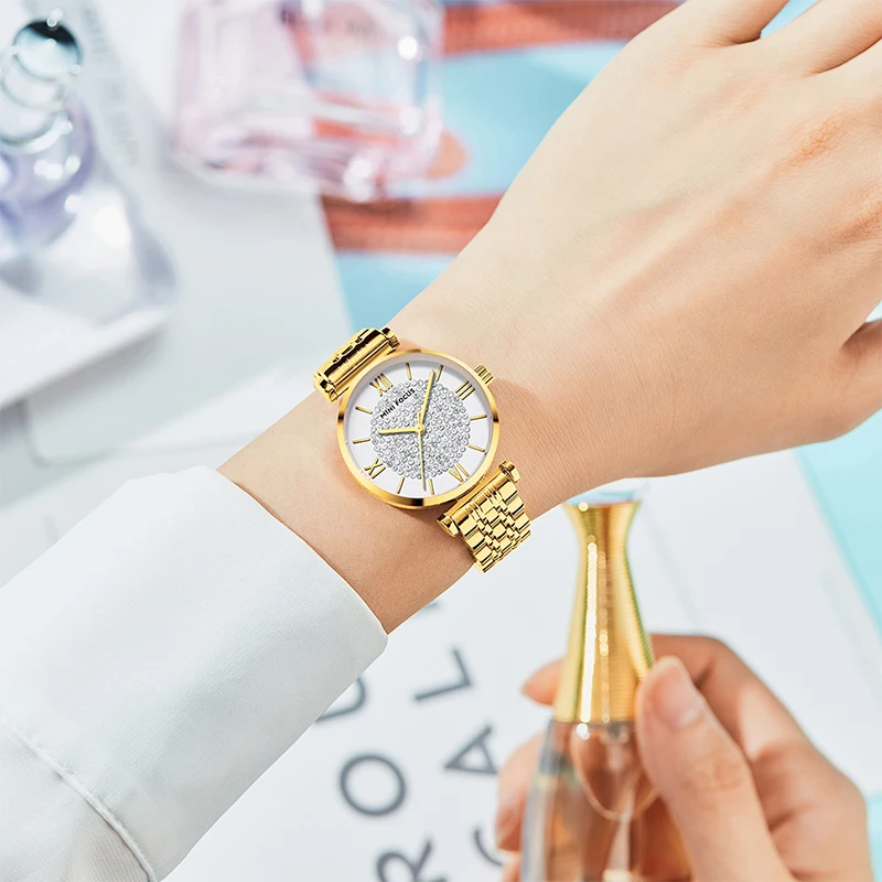 MINI FOCUS MF0334L Gold Stainless Steel Band Diamonds Dial Luxury Ladies Wrist Watches Waterproof Women Quartz Watch