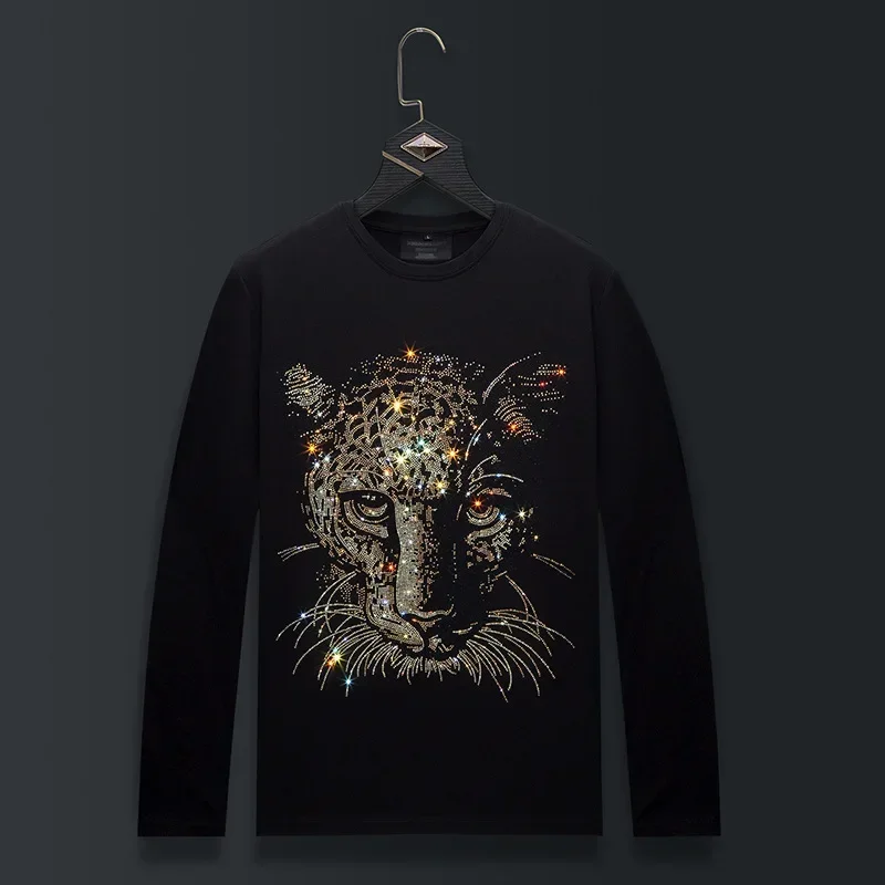 Plus Size Rhinestones Leopard T Shirts Men Top Fashion Streetwear O Neck Long Sleeve Slim Modal Cotton Tshirts Mens Clothing