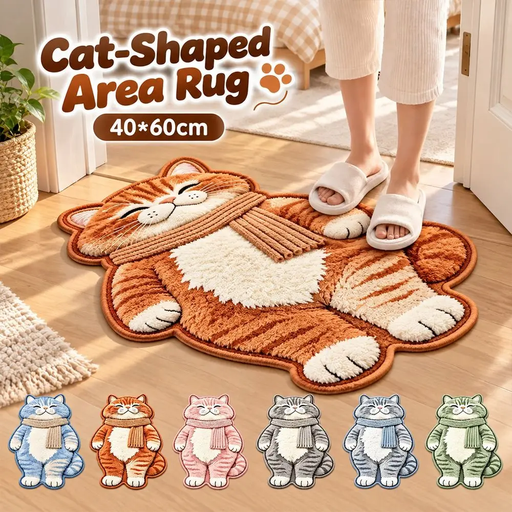 Cute Crystal Velvet Cat-Shaped Area Rug Soft Non-Slip Bathroom Carpet Anti-fouling 2D Bedside Door Mat Home Decor