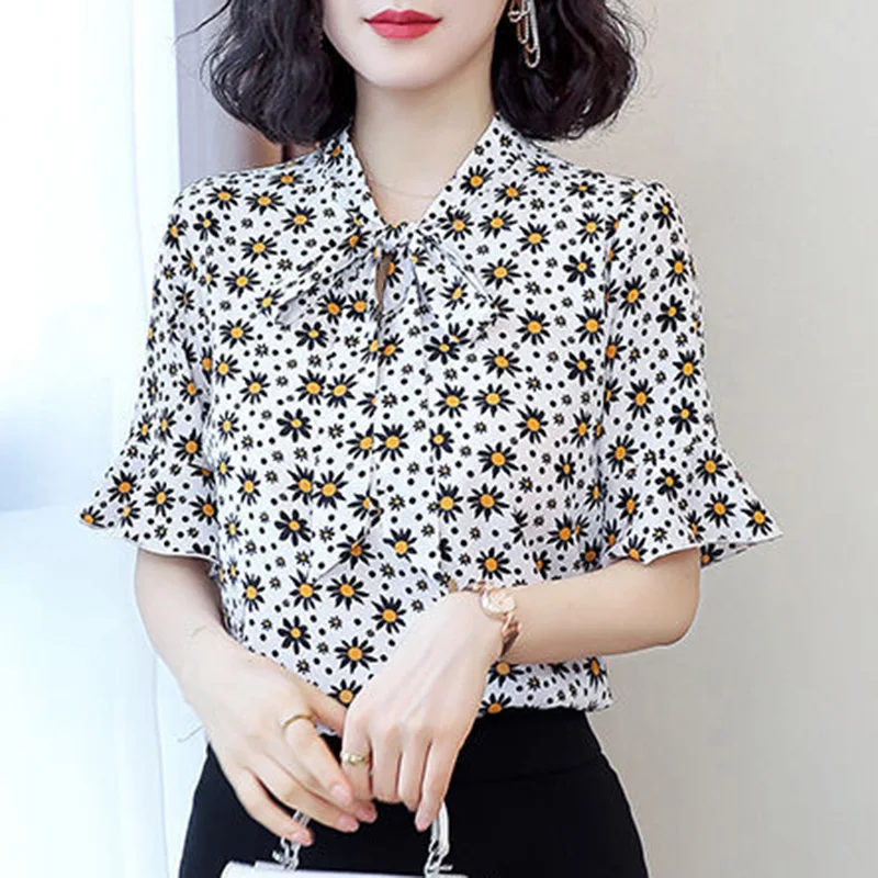 Vintage Printed Ruffles Lace Up Bow Chiffon Floral Blouse Women Clothing 2023 Summer New Casual Pullovers Flare Sleeve Shirt