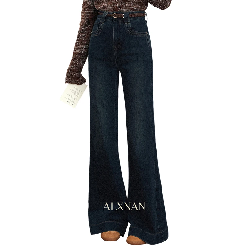 กางเกงยีนส์ทรงบานสีน้ำเงินเข้ม ALXNAN สำหรับผู้หญิง สไตล์วินเทจ เอวสูง ขากว้าง ทรงตรง ผ้าฝ้ายเดนิม ใส่สบายๆ ในฤดูใบไม้ร่วง รุ่น L57056