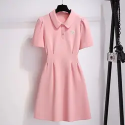 Women Preppy Style Clothing French Sporty Pink Polo T-shirt Dresses 2024 Summer New Lady Casual Embroidery Letter Solid Dress