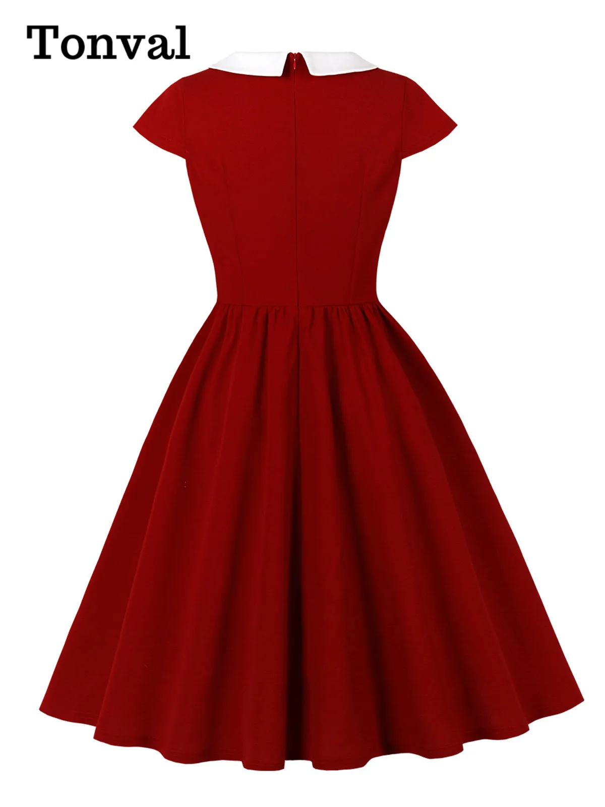 Tonval Contrast Collar High Waist Buttons Cap Sleeve Summer Dresses Women 2026 Vintage Pleated Midi Elegant Dress