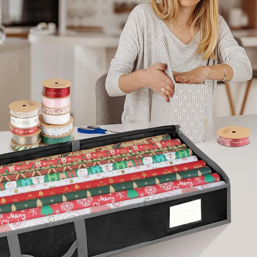 حقيبة تخزين ورق تغليف عيد الميلاد 40 PE متينة مع أقسام مرنة وجيوب متعددة لتنظيم الشريط هدية Acc #6