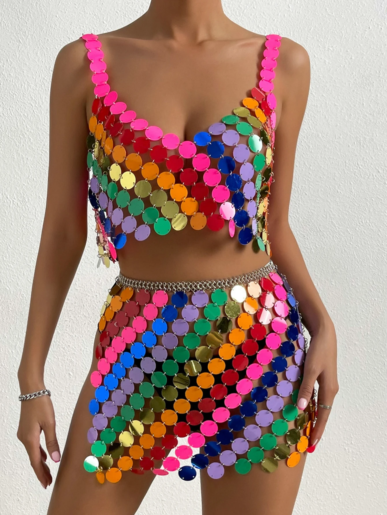 Sexy see through Metal paillettes Summer Dress women backless glitter Club party dresses slip mini bodycon beach dress sets vestidos