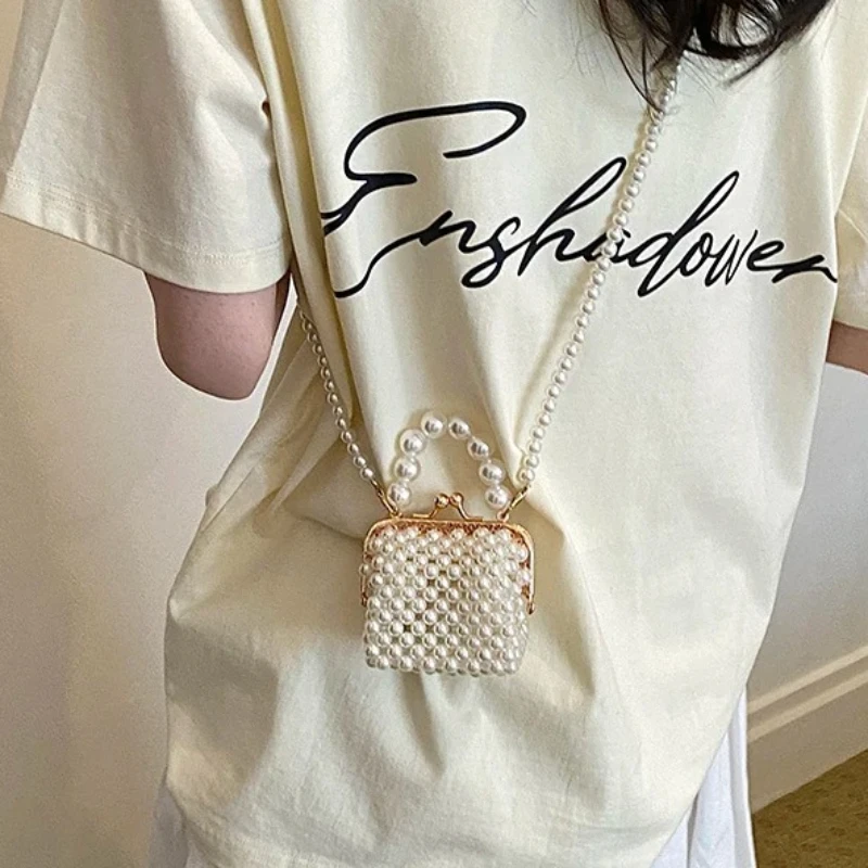 

Elegant Pearl Beaded Mini Box Bag for Women Pearl Chain Wedding Prom Party Crossbody Bags Vintage Solid Color Kiss Lock Handbags
