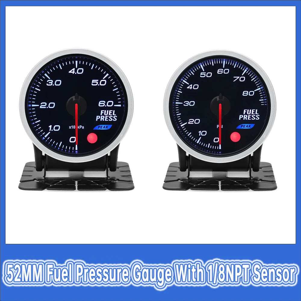 52MM Fuel Pressure Gauge with 1/8NPT Sensor 52mm Auto Gauge 7 Color Backlight Bar/psi Fuel Press Meter for 12V Gasoline Vehicle