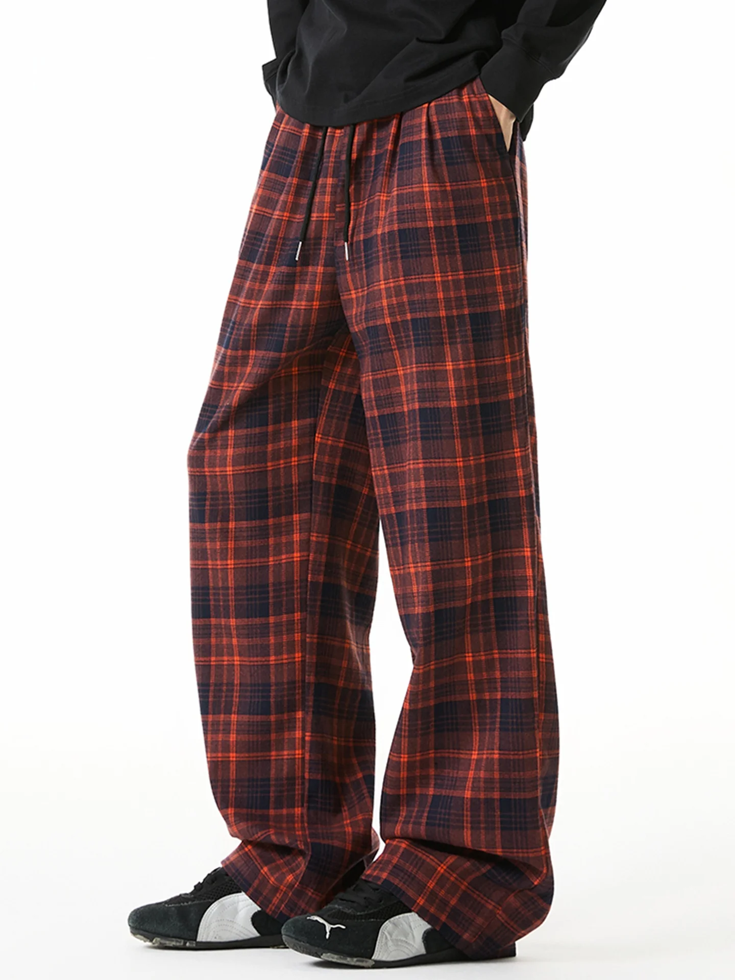 

American Retro Plaid Men's Casual Pants Loose Straight Leg Wide Leg Long Lazy Sle Trendy Match Autumn Season Polyester Blend
