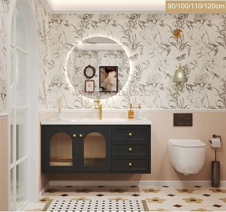 Kabinet penyimpanan terintegrasi Vanity kamar mandi kapasitas besar kabinet cermin Makeup cerdas kamar mandi 120cm hitam