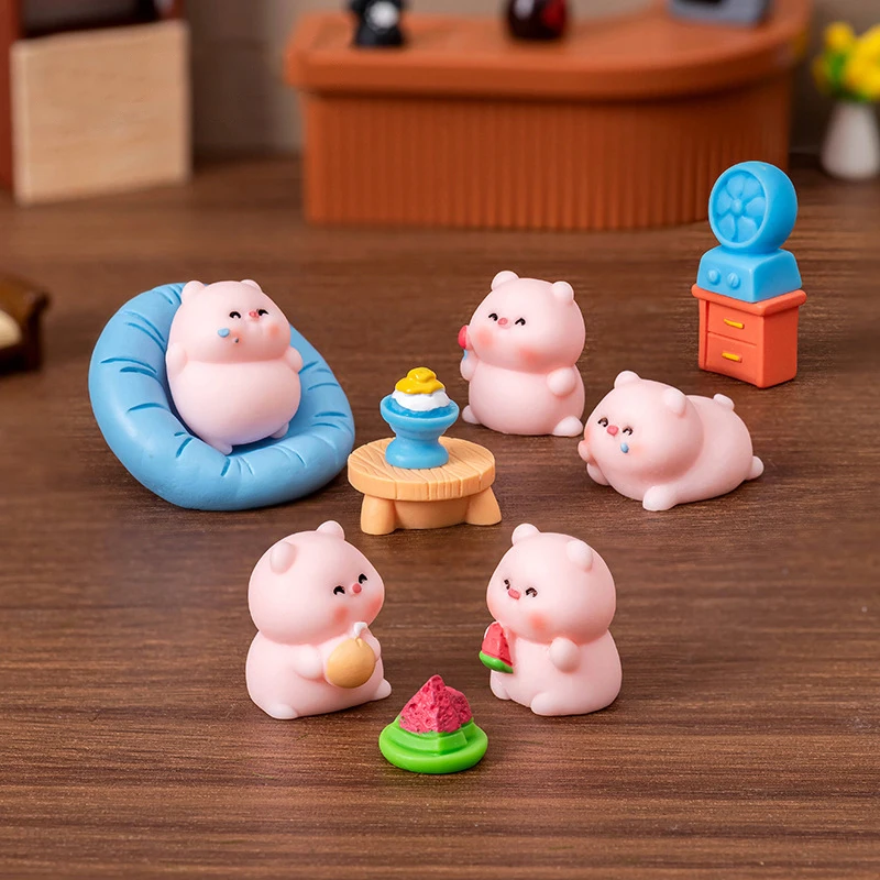 Mini Summer Pink Piggy Figurine Cartoon Pig Micro Landscape Ornament Dollhouse Model Car Interior Home Desktop Decoration