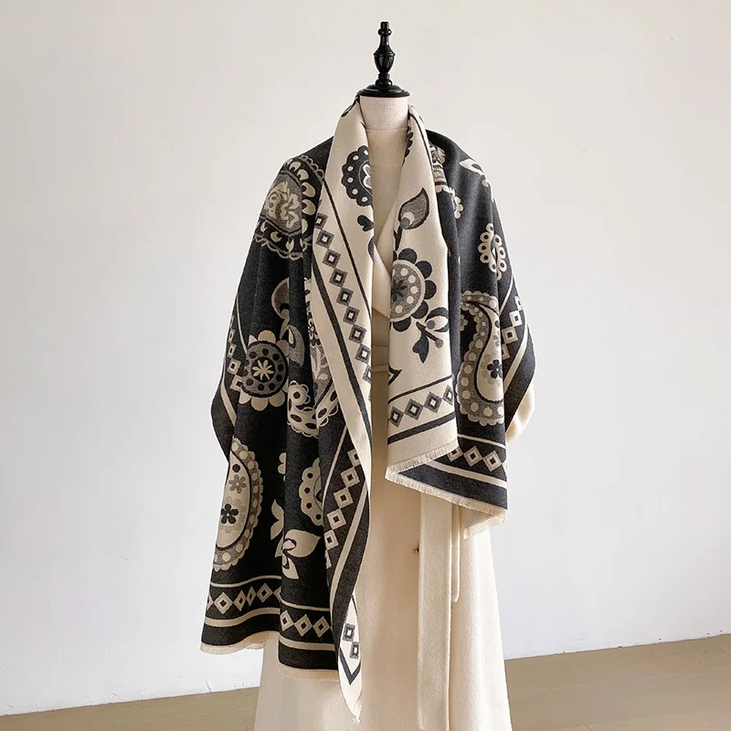 Scarf Women Paisley Floral Jacquard Shawl Pashmina Wrap Double Sided Thick Tassel Ethnic Geometric Border Winter Autumn