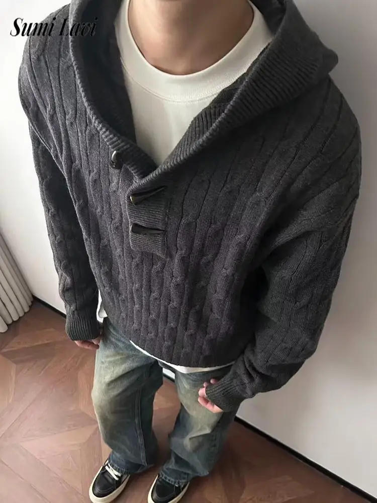 

Casual Mens Buttoned Hooded Jumper Tops Spring Autumn Fashionable Men Knitting Hoodie Vintage Solid Color Texture Men Sweaters
