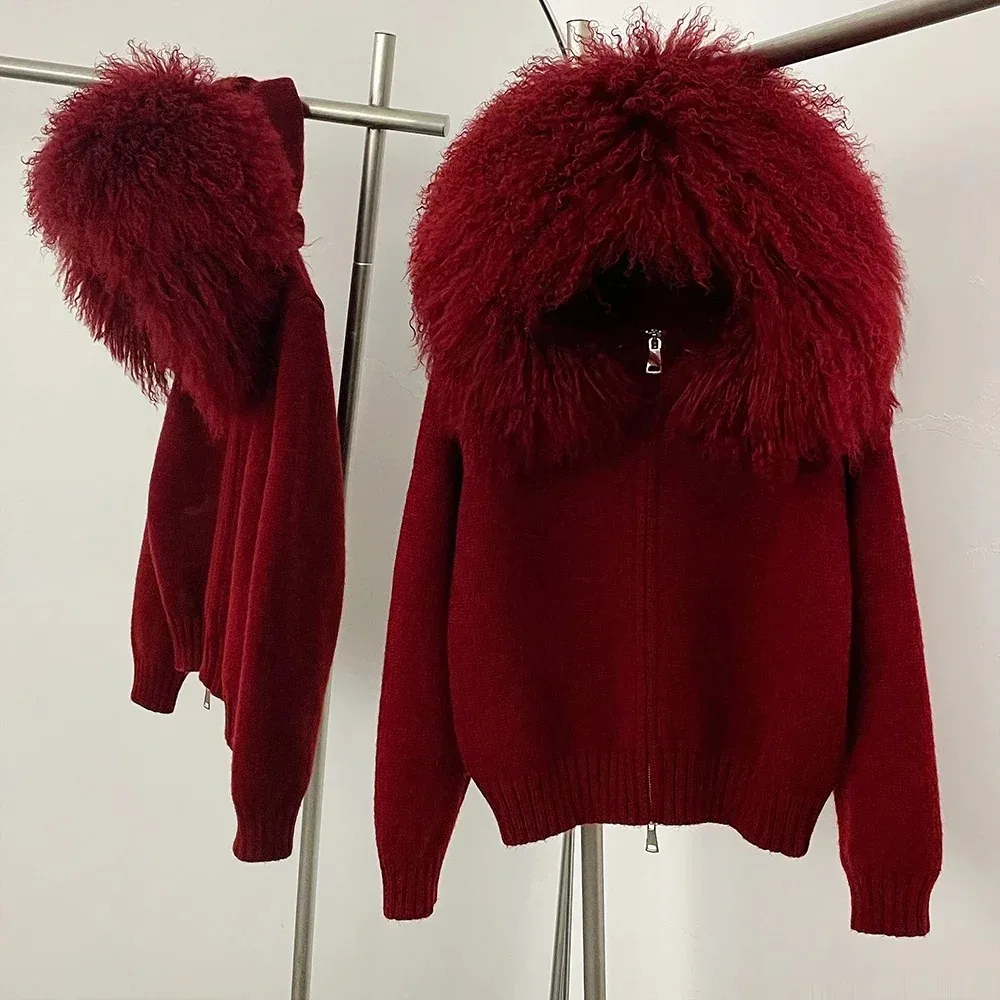 천연 여우털 여성 코트, 후드 니트 재킷, 가디건 울 스웨터, 고급 니트 재킷