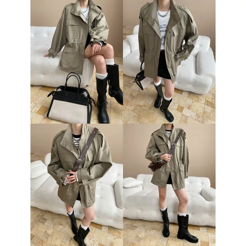 Women Trench Mid Length Coats Jackets Stand Collar Coat Casual Loose Y2k Streetwear Jacket Work Outerwear Autumn Winter 2025