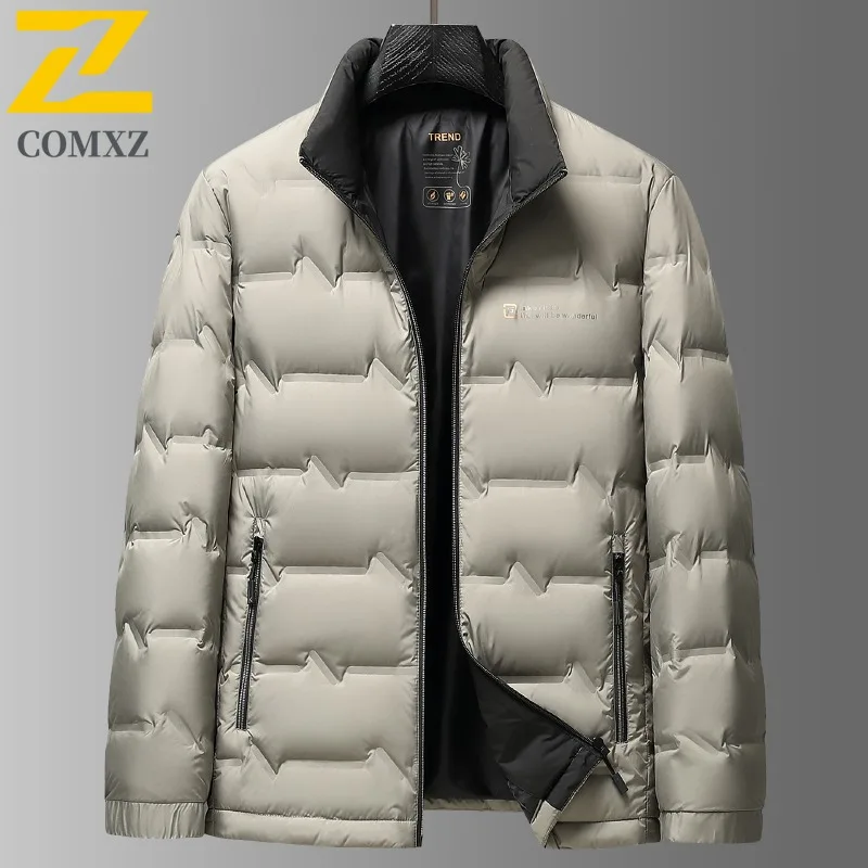 COMXZ Mens Short Down Jacket Premium Stand Collar Outdoor Cycling Lightweight Parka Solid Color Camping Warm Winter Garment
