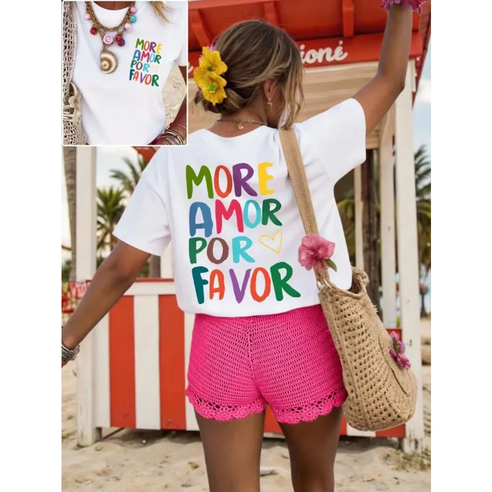 More Amor Por Favor Dopamine Women TShirt Letter Heart Print Casual Loose Streetwear Daily Wear Short Sleeve Summer Vacation Top