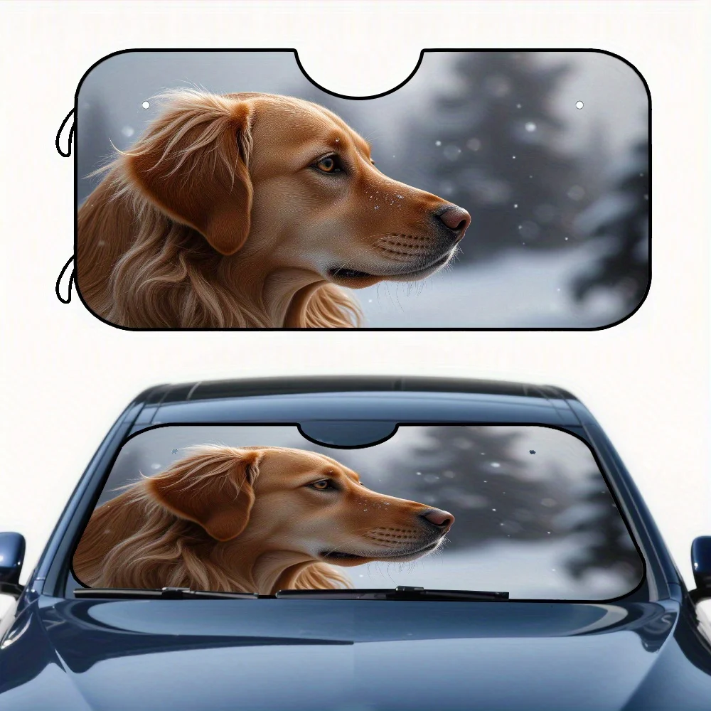 

1pc Golden Retriever Winter Snowflake Car Sunshade - Digital Dog Portrait Design, Polyester Windshield Cover For Commuting & Fam