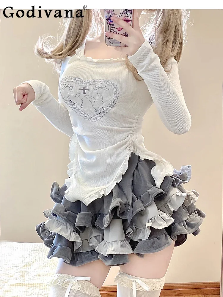 Y2k Girls Sweet Long-sleeved Top and Skirt Set Two-piece Women's Autumn New Slim Fit Top and Heavy Industry Cake Puffy Skirt