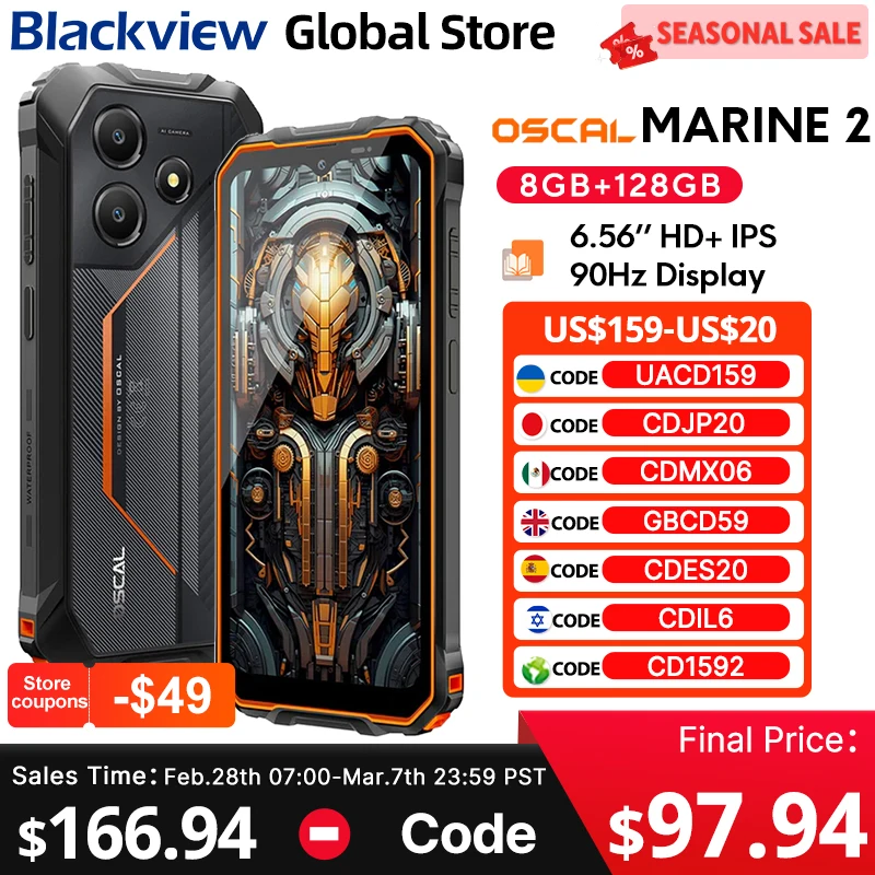 Blackview MARINE 2 Rugged Smartphone 6.56-inch HD+ IPS 90Hz Display 11000mAh 8GB 128GB Android 15 NFC 16MP Camera Cellphone