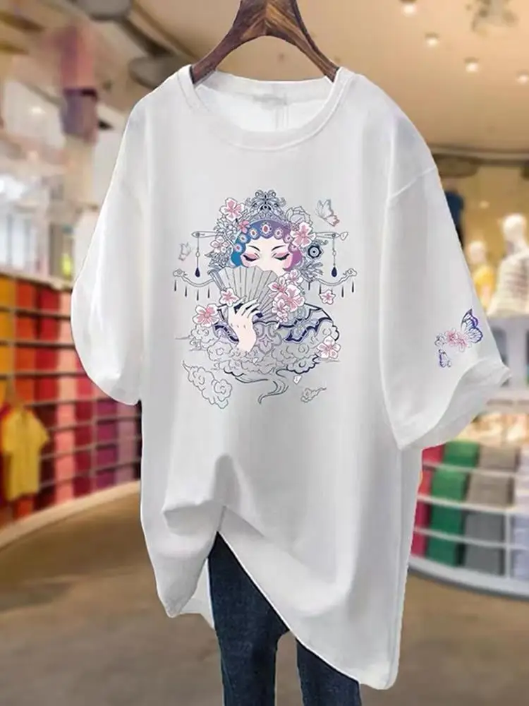 White Mid-Length ort-Sve Women's T-irt Cotton Print Loose Fit Summer New Sle Peking Opera Face Mask Large Size