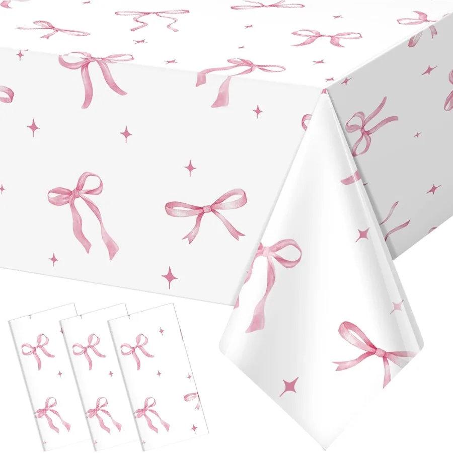 

3Pcs Coquette Party Tablecloths DecorationsPink Bow Plastic Table Cover Disposable Rectangle Table Cloth for Girls Birthday Bri