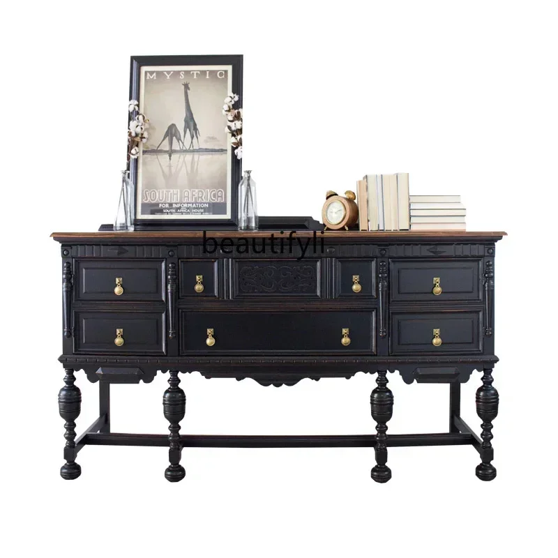 

ss7486 l French Retro Entrance Cabinet Solid Wood Carved American Sideboard Cabinet European Luxury Partition Living Room Curio