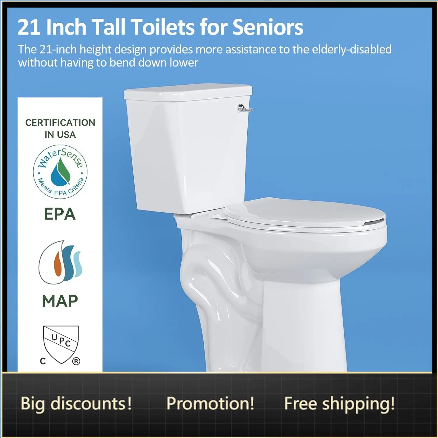 

21 Inch High Toilet Elongated With Comfort Chair Seat, 1.28 Gpf Powerful Single Flush Extra Tall Toilet, 12 Inch Rough In Bathro