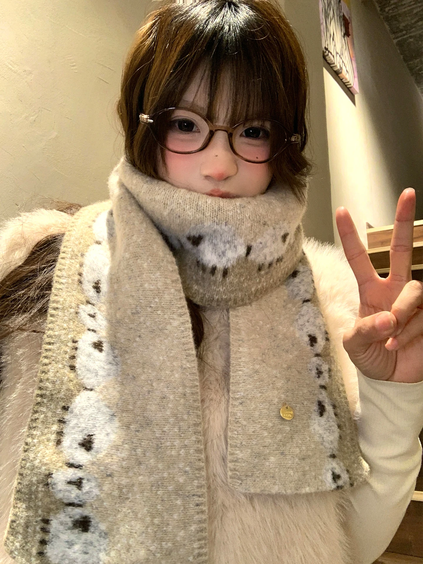 Warm Neck Protection Cute Knitted Scarf with Sheep Pattern for Women Winter New Style Fashionable Casual Long Rectangle Scarf