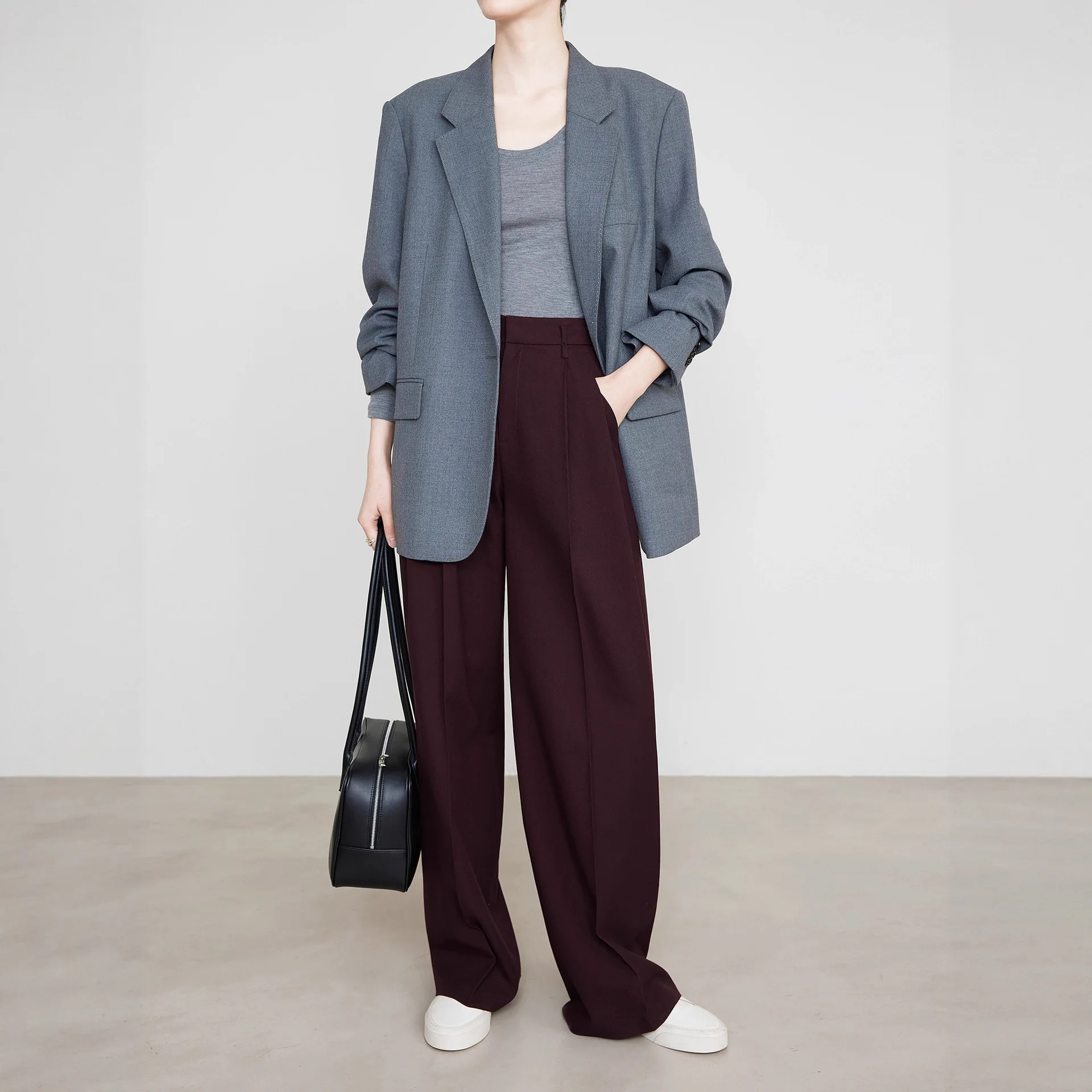 ผู้หญิงสูงเอว Minimalism อเนกประสงค์กางเกงขากว้างฤดูใบไม้ผลิฤดูใบไม้ร่วงใหม่แองโกลาสีแดงกางเกงตรงสบายๆความยาวกางเกง