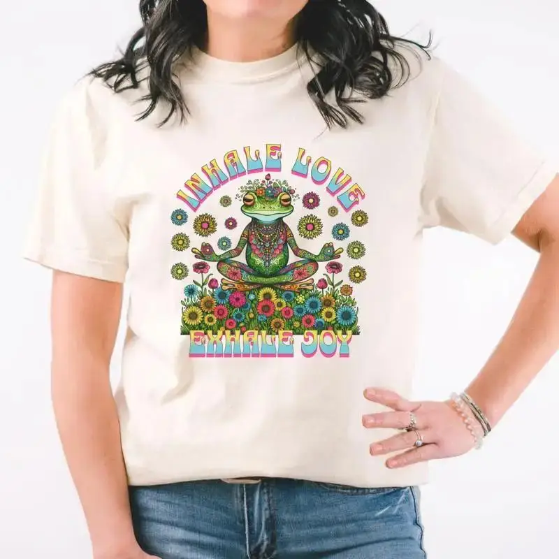 Celestial Yoga T Shirt Inhale Exhale Breathwork Groovy Retro Frog Meditation Mindfulness Fun Apparel Gif Meditate