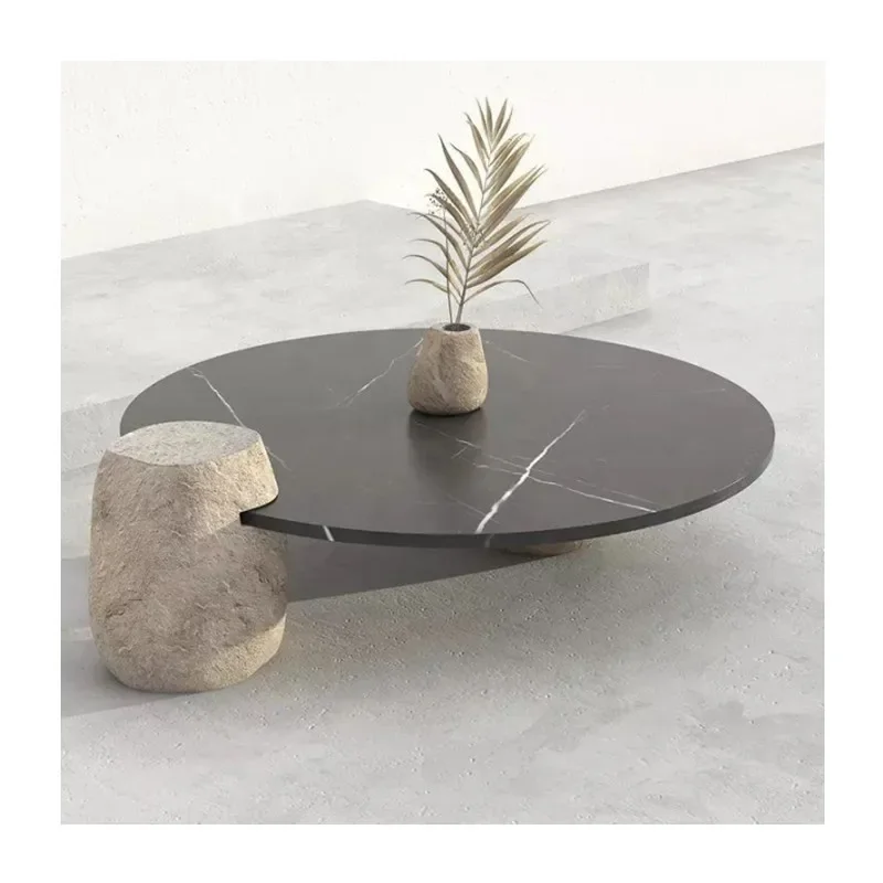 Customized Modern Design Black Nero Marquina Marble Table Top Outdoor Big Round River Stone Garden Marble Coffee Table