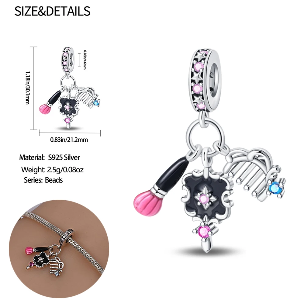 Beauty Series 925 Sterling Silver Brush&Mirror&Comb Three Piece Set Dangle Charm for Pandora Bracelet Girls' Jewelry