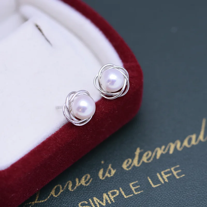 Stunning AAA+ 6-7mm real natural Japanese Akoya white round pearl earrings 925 Silver